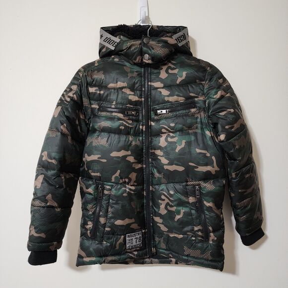 Diesel Boys Full-Zip Hooded Quilted Jacket Army Green Camo Faux Fur Logo Size 10 - Picture 1 of 13